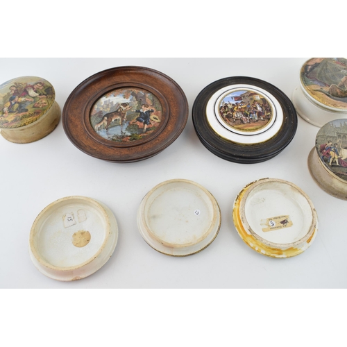 139 - A collection of Pratt Ware pot lids and similar to include 'I see you my boy', 'Uncle Toby', 'The Pa... 