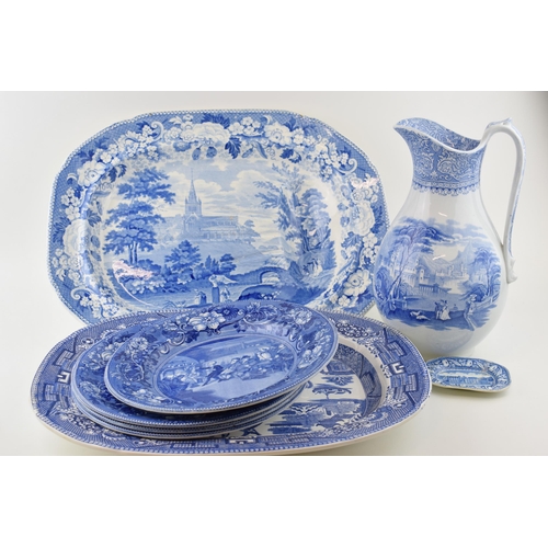 149 - A collection of blue and white transfer ware to include a Cork, Edge and Malkin 'Missouri' large jug... 