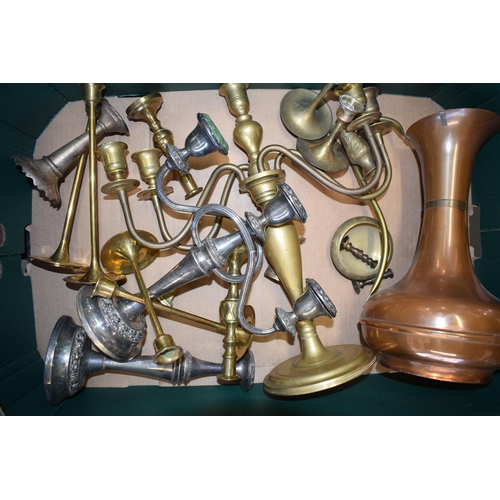 464 - Metalware to include a brass four sconce candelabra, silver plated candle holders and others (Qty).