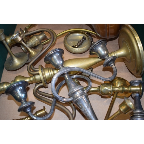 464 - Metalware to include a brass four sconce candelabra, silver plated candle holders and others (Qty).