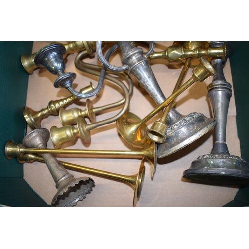 464 - Metalware to include a brass four sconce candelabra, silver plated candle holders and others (Qty).