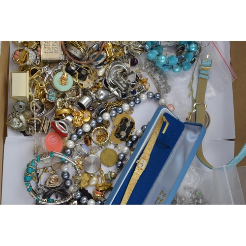 590 - Costume jewellery to include fashion watches, chains, brooches, pin badges, bangles and others (odd ... 