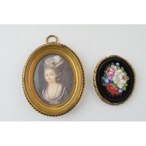 385 - 19th century framed painted miniature on paper of a lady in traditional dress with a floral micro-mo... 