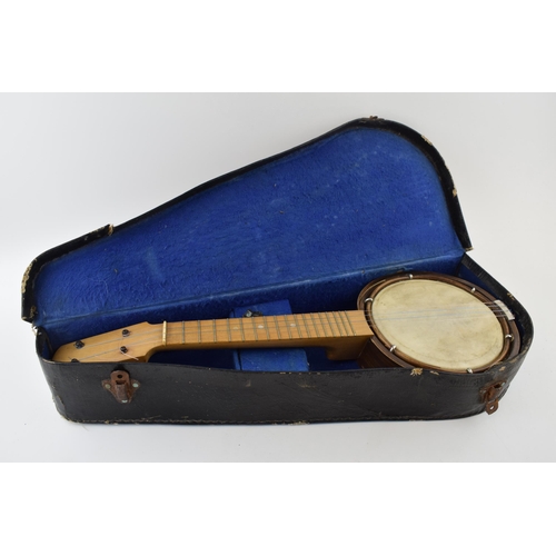 423 - Wooden ukelele / banjo with drum, in vintage leather cased. Unmarked.