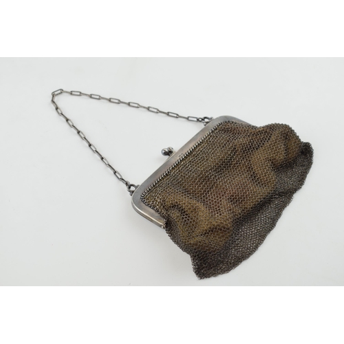 549 - Hallmarked sterling silver lady's mesh purse, velvet interior,  continental marks, gross 88.4g.