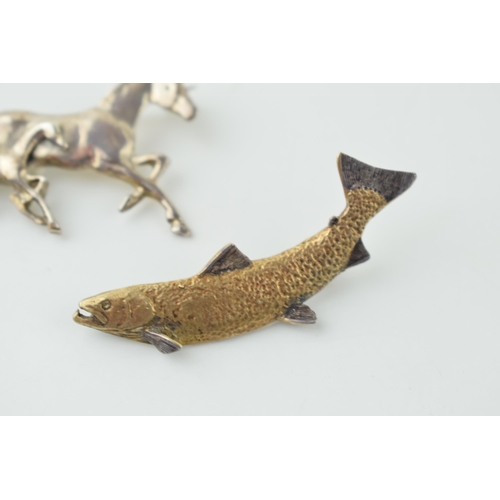 561 - A quality silver with gold appearance salmon / fish bar brooch with a similar silver brooch of a run... 