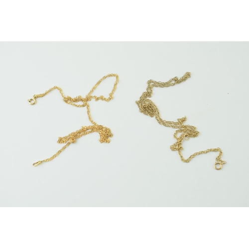 579 - Two 9ct gold fine chains, combined 3.8g, longest 47cm.