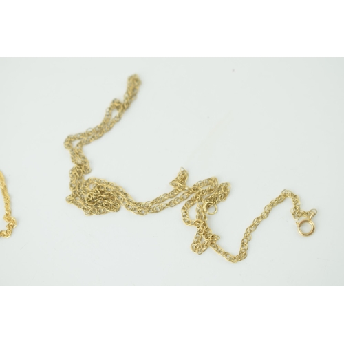 579 - Two 9ct gold fine chains, combined 3.8g, longest 47cm.