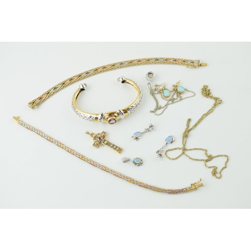 585 - Silver jewellery to include gold toned bracelets, a silver bangle and opal style jewellery, 58.8g wi... 