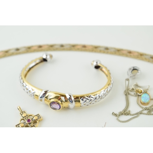 585 - Silver jewellery to include gold toned bracelets, a silver bangle and opal style jewellery, 58.8g wi... 