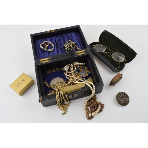 591 - Jewellery and similar to include a Victorian brass pig vesta case, gold plated spectacles, a silver ... 