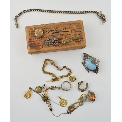 593 - A collection of Victorian and later costume jewellery to include a gold plated albertina watch chain... 