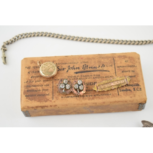 593 - A collection of Victorian and later costume jewellery to include a gold plated albertina watch chain... 