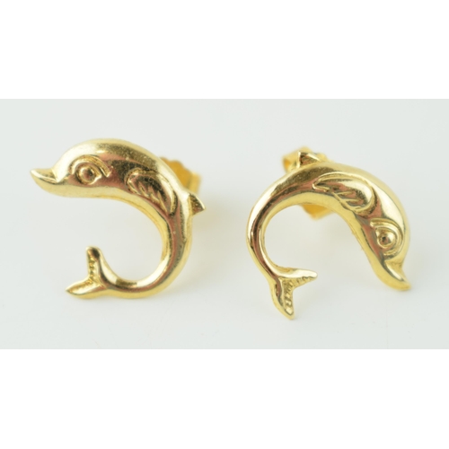 611 - A pair of 14ct yellow gold dolphin earrings, marked 585.  Weight 1.6 grams.