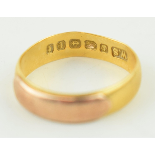 621 - 22ct gold wedding band, hallmarks rubbed but test as 22ct, 3.3g, strengthened, size K/L.