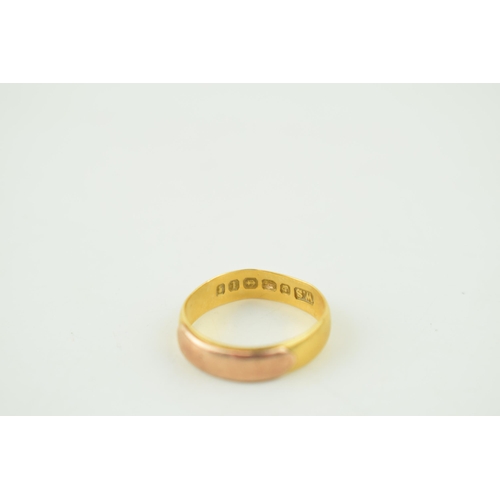 621 - 22ct gold wedding band, hallmarks rubbed but test as 22ct, 3.3g, strengthened, size K/L.