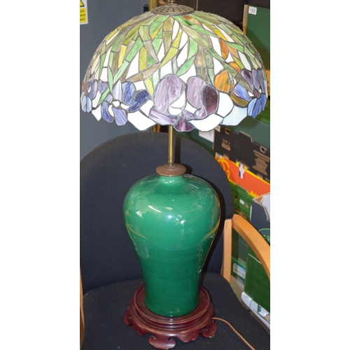 376 - A late 20th century green crackle glaze freestanding lamp base, Chinese appearance, with Tiffany sty... 