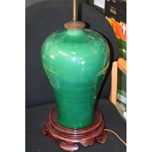 376 - A late 20th century green crackle glaze freestanding lamp base, Chinese appearance, with Tiffany sty... 