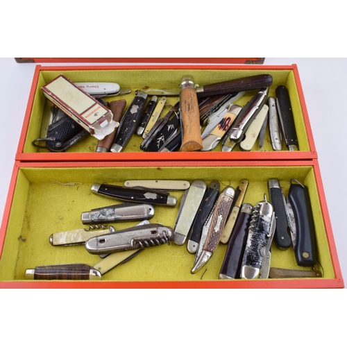 378 - A large Collection of Pocket Knives in a Collectors Cabinet to include Opinol, Herbert Roberts Sheff... 