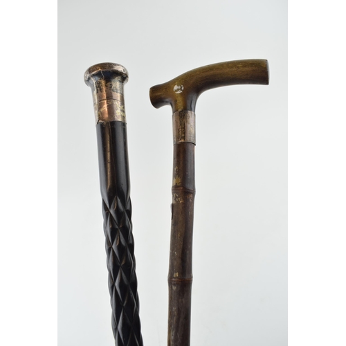 382 - A silver topped ebonised cane, C&Co London together with a bamboo cane with horn handle and silver a... 