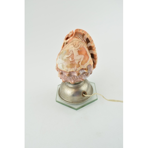 383 - Art Deco conch shell lamp with cameo depicting classical figure, hexagonal base, 15.5cm tall.