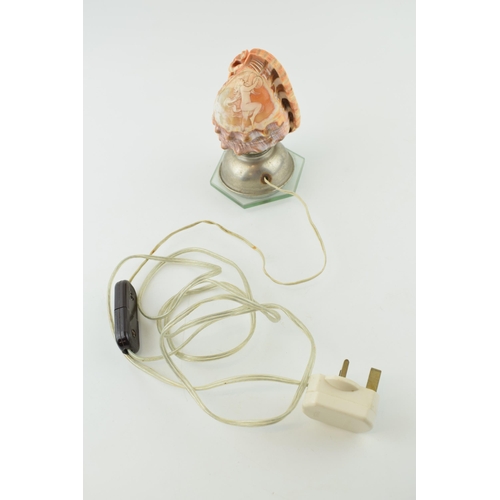 383 - Art Deco conch shell lamp with cameo depicting classical figure, hexagonal base, 15.5cm tall.