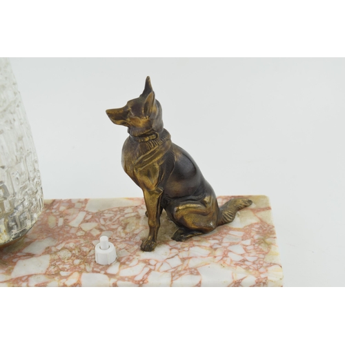 388 - French Art Deco light, marble base, with Alsatian spelter figure, 24.5cm wide.