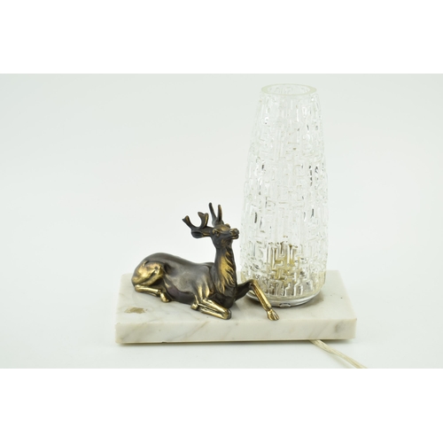 389 - French Art Deco light with marble base, stag spelter figure, textured glass shade, 20cm wide.