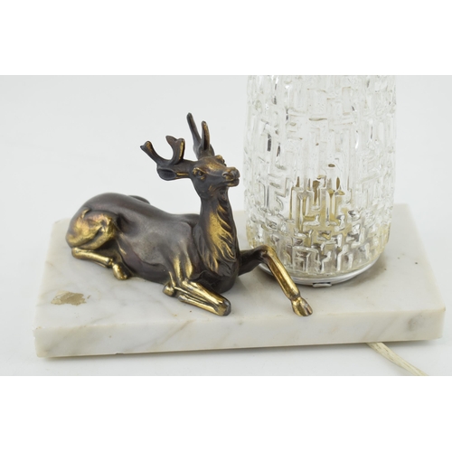 389 - French Art Deco light with marble base, stag spelter figure, textured glass shade, 20cm wide.