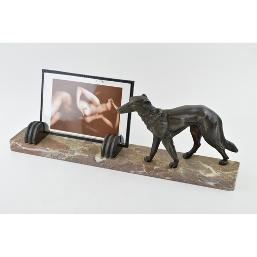 391 - French Art Deco photo frame with greyhound (or similar) spelter figure, with erotic lady photograph,... 