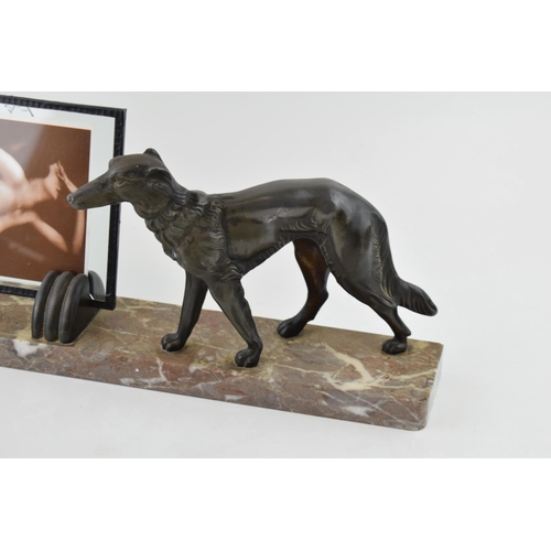 391 - French Art Deco photo frame with greyhound (or similar) spelter figure, with erotic lady photograph,... 