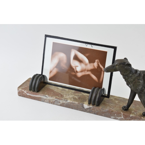 391 - French Art Deco photo frame with greyhound (or similar) spelter figure, with erotic lady photograph,... 