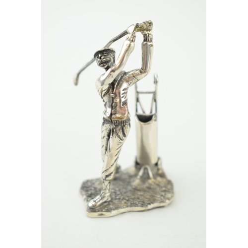 392 - Miniature silver figure of a golfer, with golf bag, 32.6g, 6cm tall, marks to underside of base.