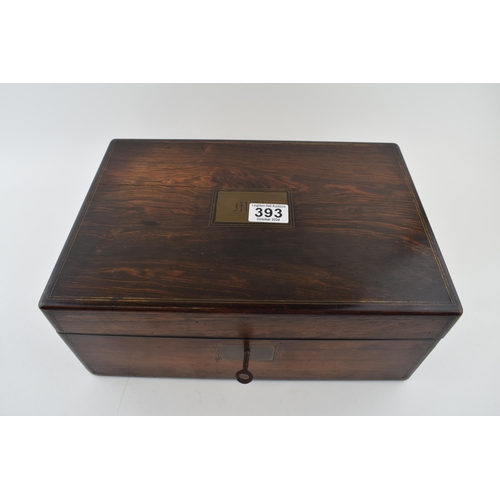 393 - 19th century mahogany writing slope, brass plaque and escutcheon, engraved initials, open interior, ... 