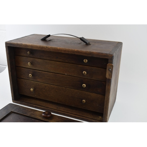 410 - Early to mid 20th century wooden engineer's toolbox with removable front and sliding drawers, doveta... 