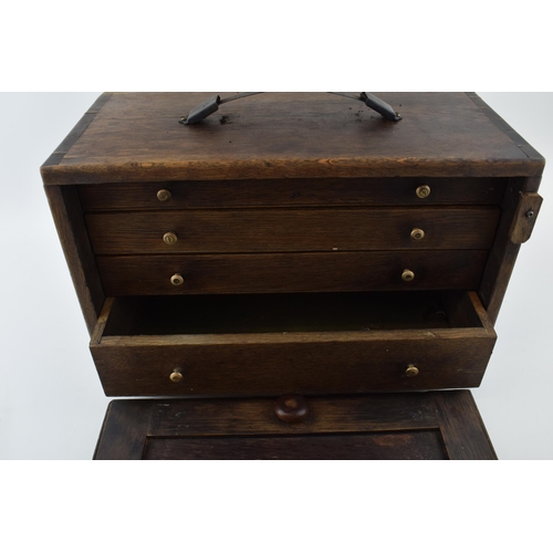 410 - Early to mid 20th century wooden engineer's toolbox with removable front and sliding drawers, doveta... 