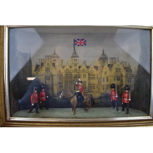 414 - A Britains Toys diorama, believed to be Aston Hall, Warwickshire, with Queen's Guard and mounted Que... 