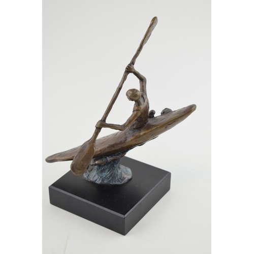 466 - Contemporary bronzed cast sculpture of a canoeing figure, mounted on marble base, 'Kimb', 21cm tall.