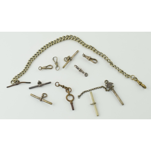 467 - A collection of albert chain / watch chain items to include silver T bars and plated examples, with ... 