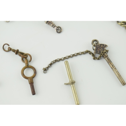 467 - A collection of albert chain / watch chain items to include silver T bars and plated examples, with ... 