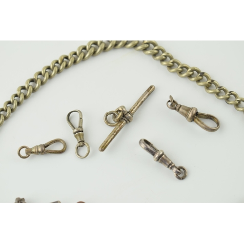 467 - A collection of albert chain / watch chain items to include silver T bars and plated examples, with ... 