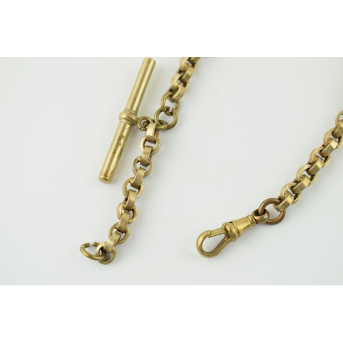 468 - Edwardian gold plated / pinchbeck watch chain / albert chain, with T bar and clasp, 34cm long.