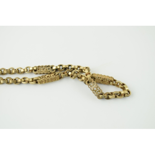 468 - Edwardian gold plated / pinchbeck watch chain / albert chain, with T bar and clasp, 34cm long.