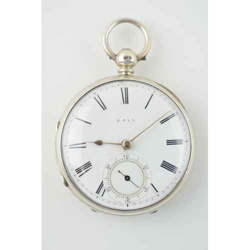 480 - Hallmarked silver pocket watch, '6955', London hallmark, key-wind, yellow coloured hands.