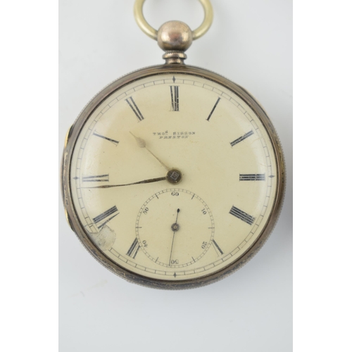 484 - Two hallmarked silver pocket watches, one 'Thomas Sisson Preston', both key-wind, 52mm widest (2).