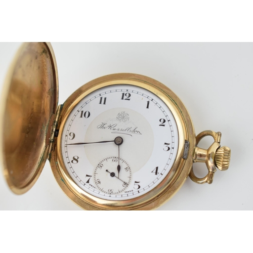 486 - Two gold plated pocket watches to include a 'Thos Russell & Son', 51mm, with an Elgin example, 34mm ... 