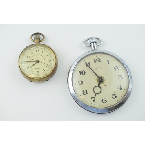 490 - A Smiths car clock / oversized pocket watch, 9cm wide, ticking, with a Liga Swiss Made Chronograph, ... 