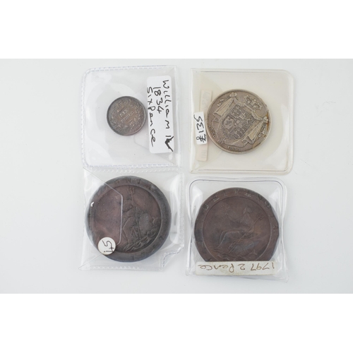 492 - Coins to include two Georgian 1797 Cartwheel Tuppence coins, with a William IV 1834 sixpence and an ... 