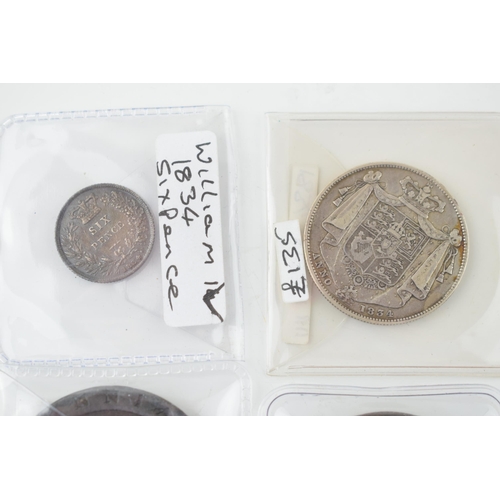 492 - Coins to include two Georgian 1797 Cartwheel Tuppence coins, with a William IV 1834 sixpence and an ... 