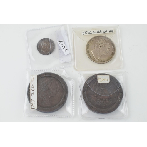 492 - Coins to include two Georgian 1797 Cartwheel Tuppence coins, with a William IV 1834 sixpence and an ... 